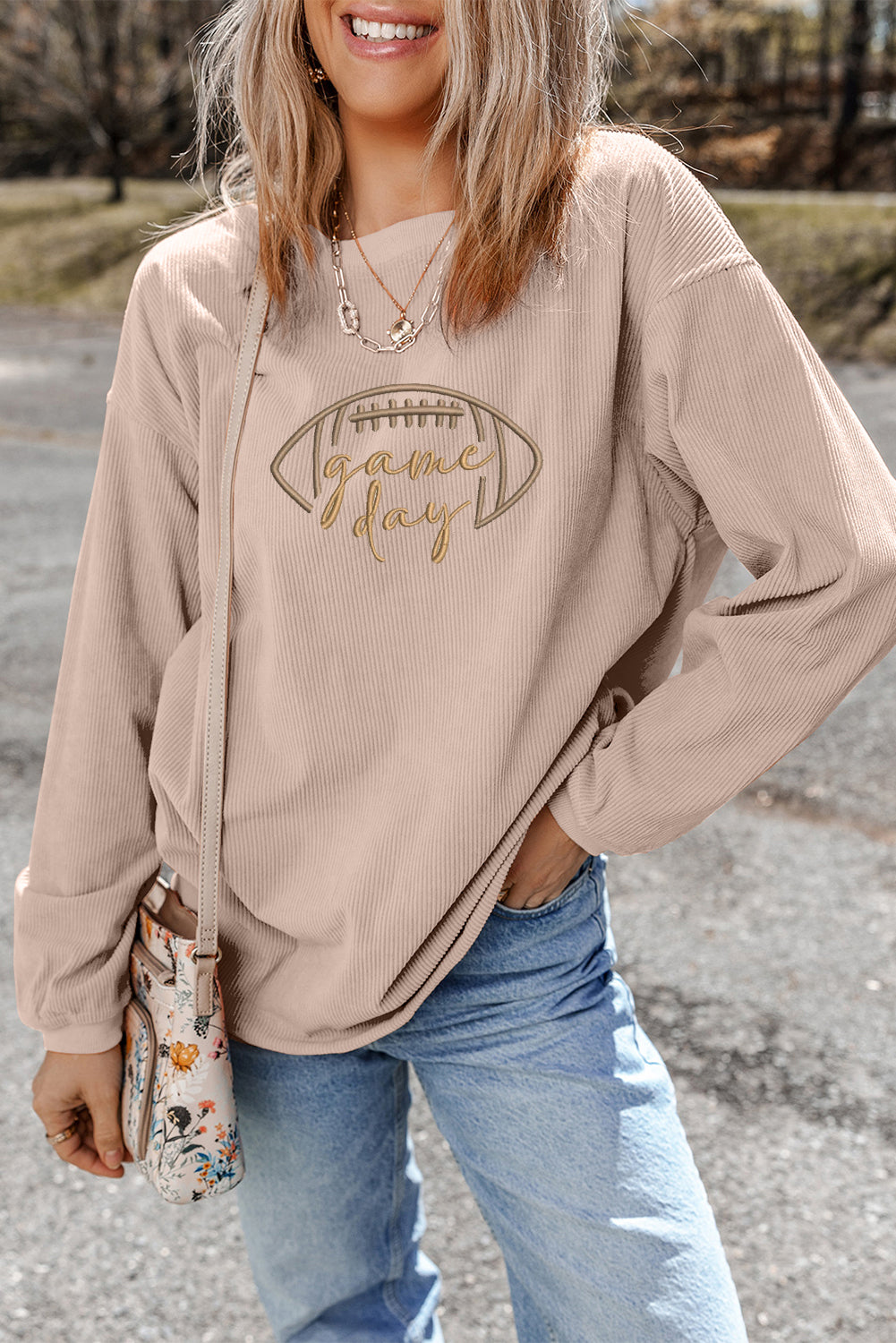Apricot Rugby Game Day Embroidered Corduroy Sweatshirt