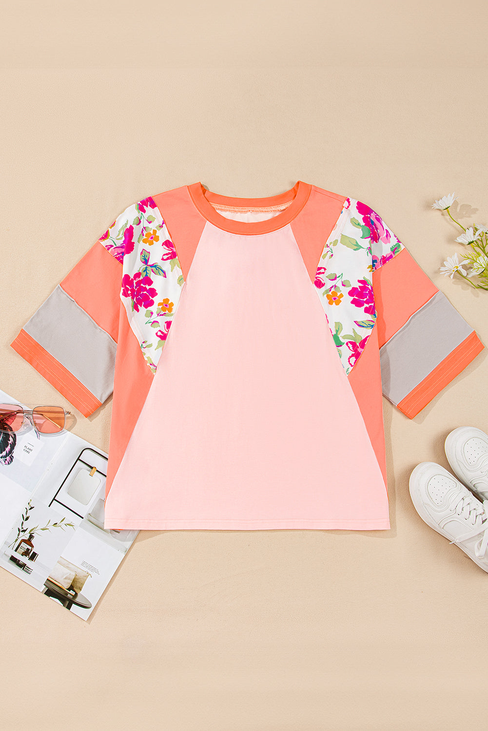 Orange Plus Size Floral Print Patchwork Raglan Half Sleeve Top