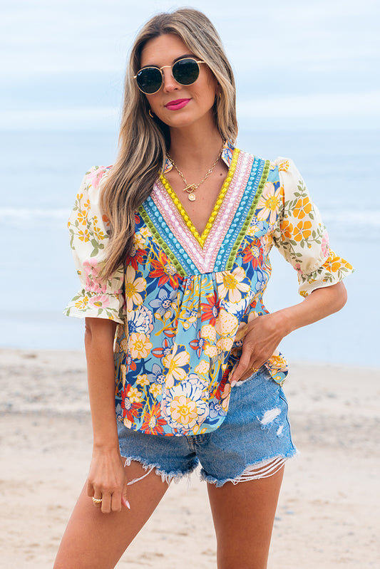 Multicolour Crochet V Neck Half Sleeve Boho Floral Blouse