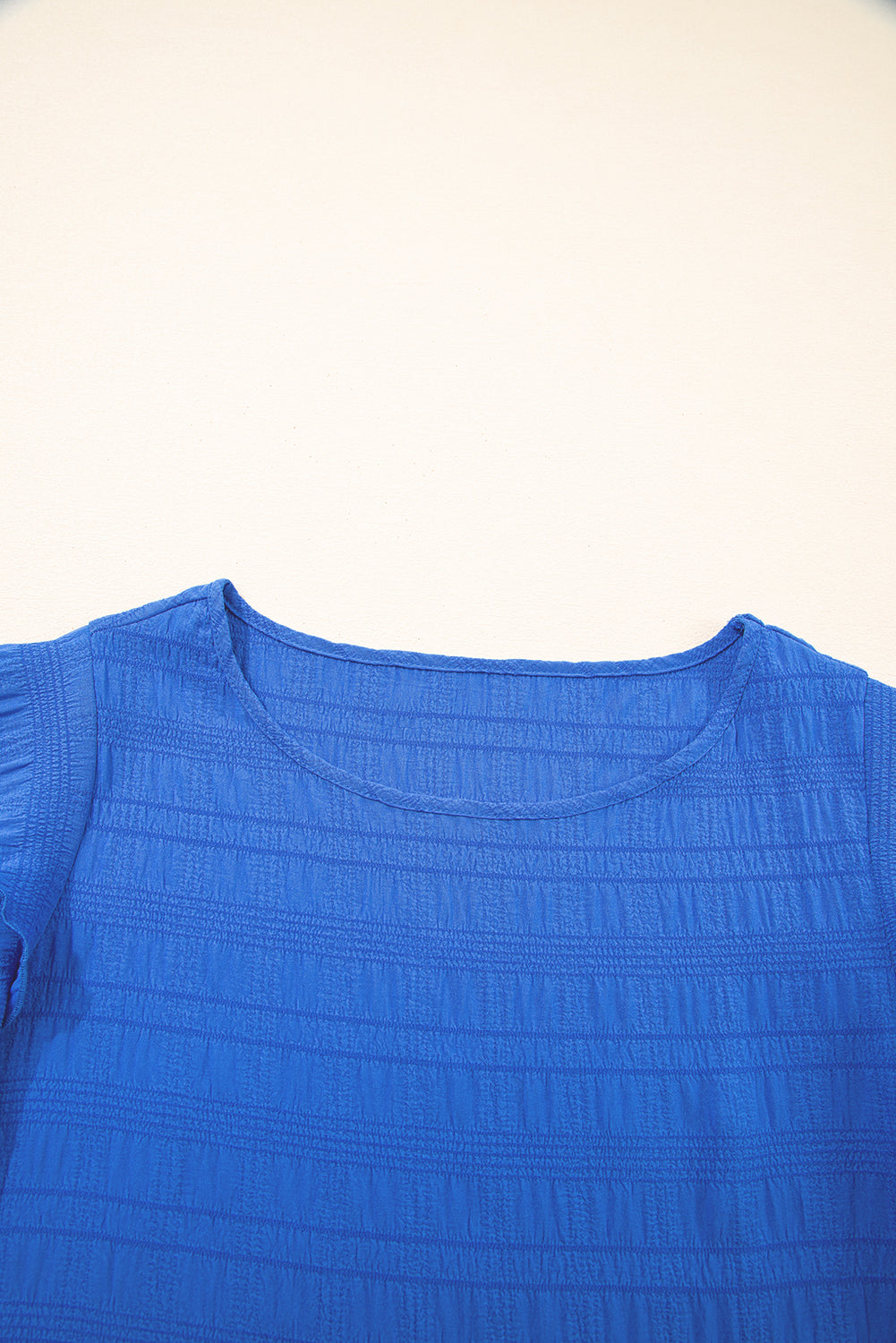 Dark Blue Textured Ruffled Sleeve Round Neck Top