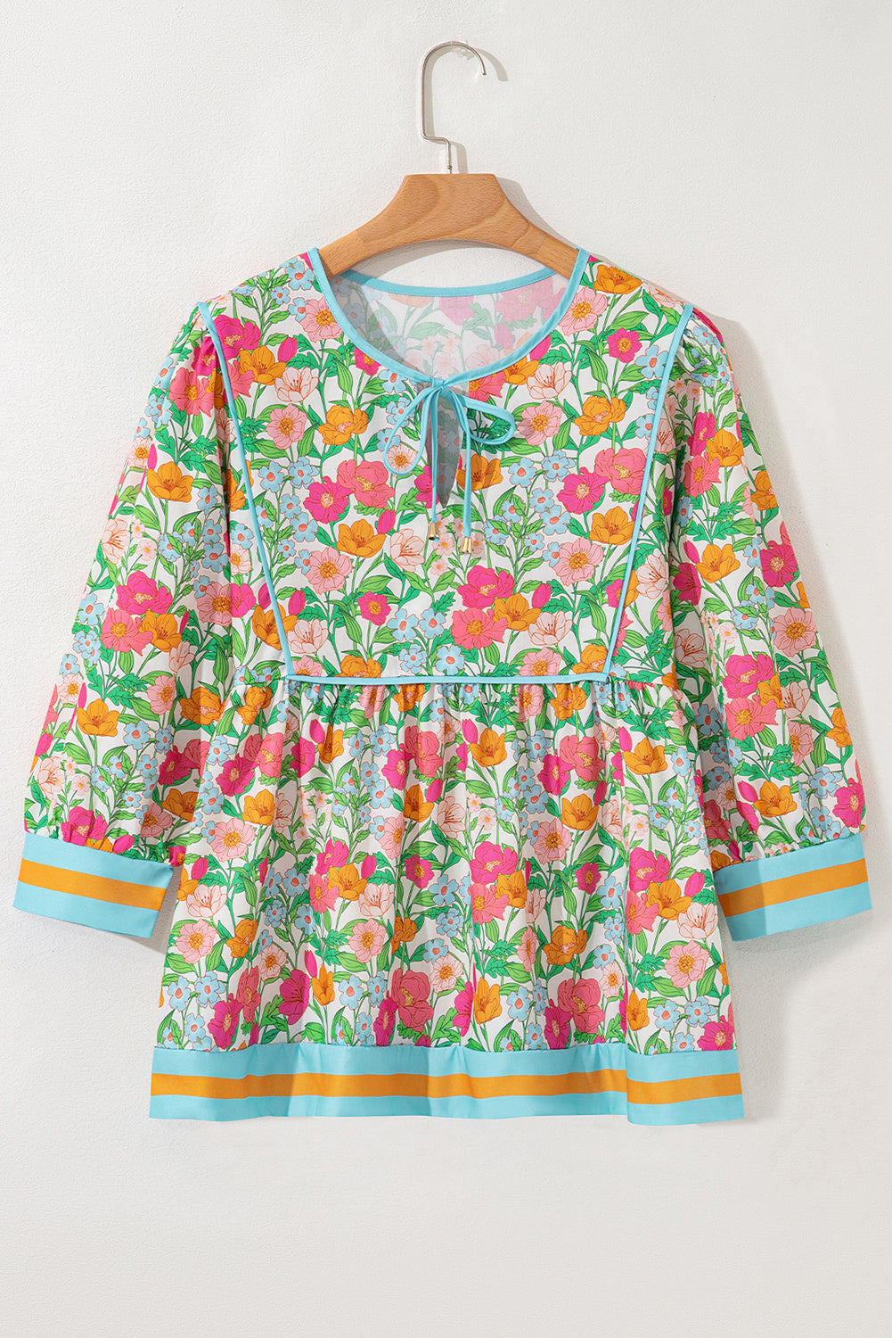 Green Floral Print Striped Trim Tie Neck Puff Sleeve Babydoll Blouse