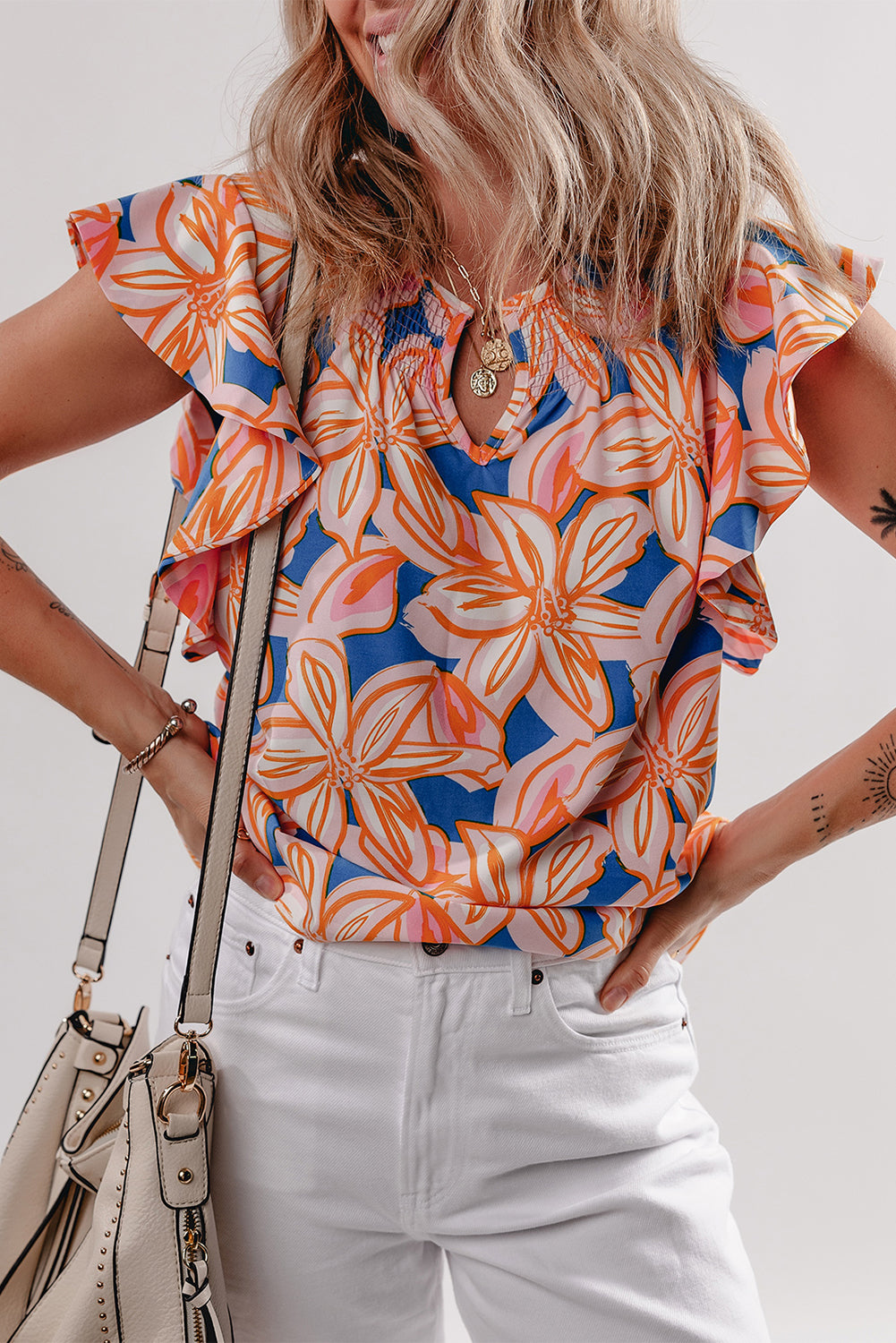 Orange Summer Flower Print Notched Neck Ruffle Sleeve Blouse