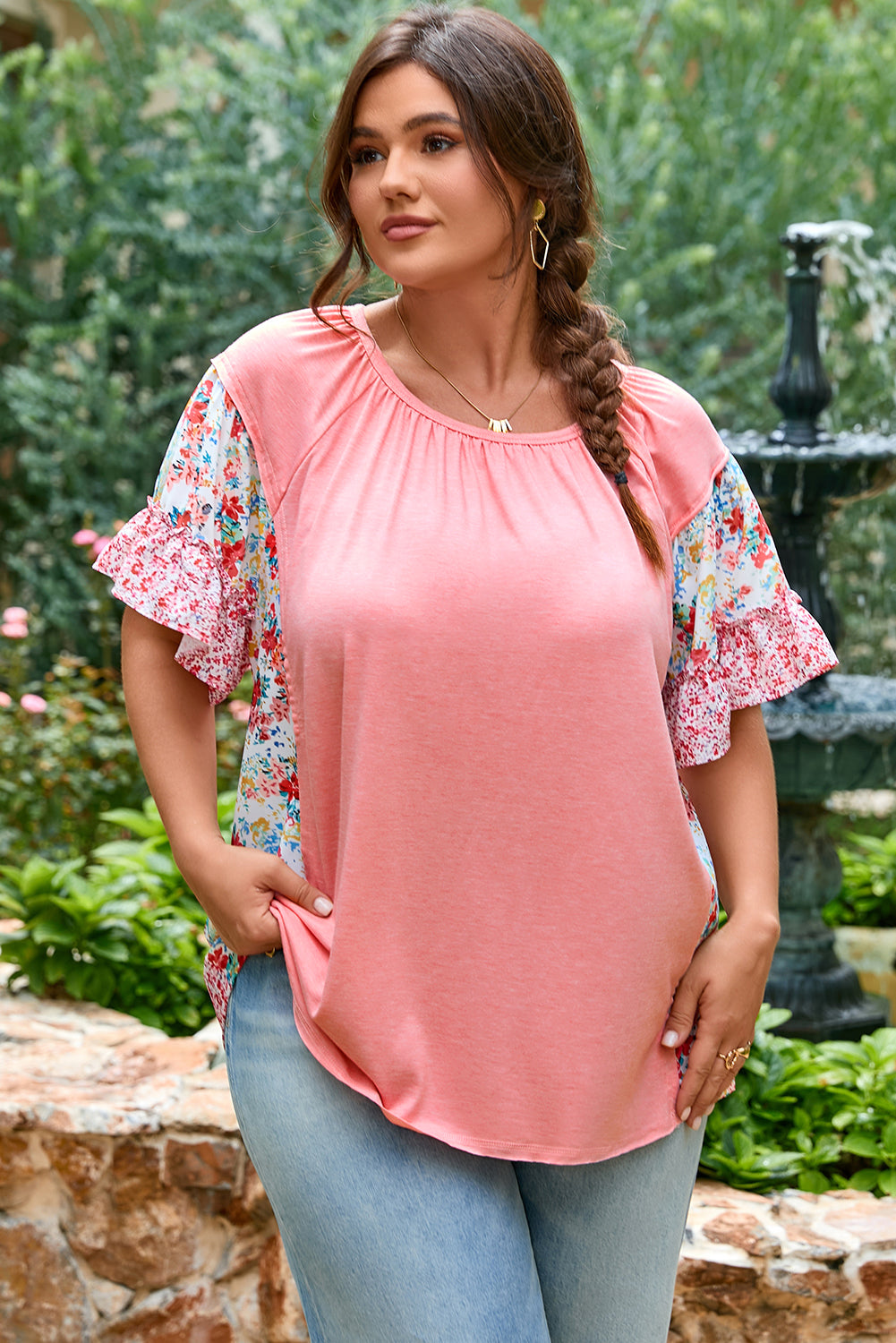 Pink Plus Size Floral Patchwork Ruffled Short Sleeve Blouse