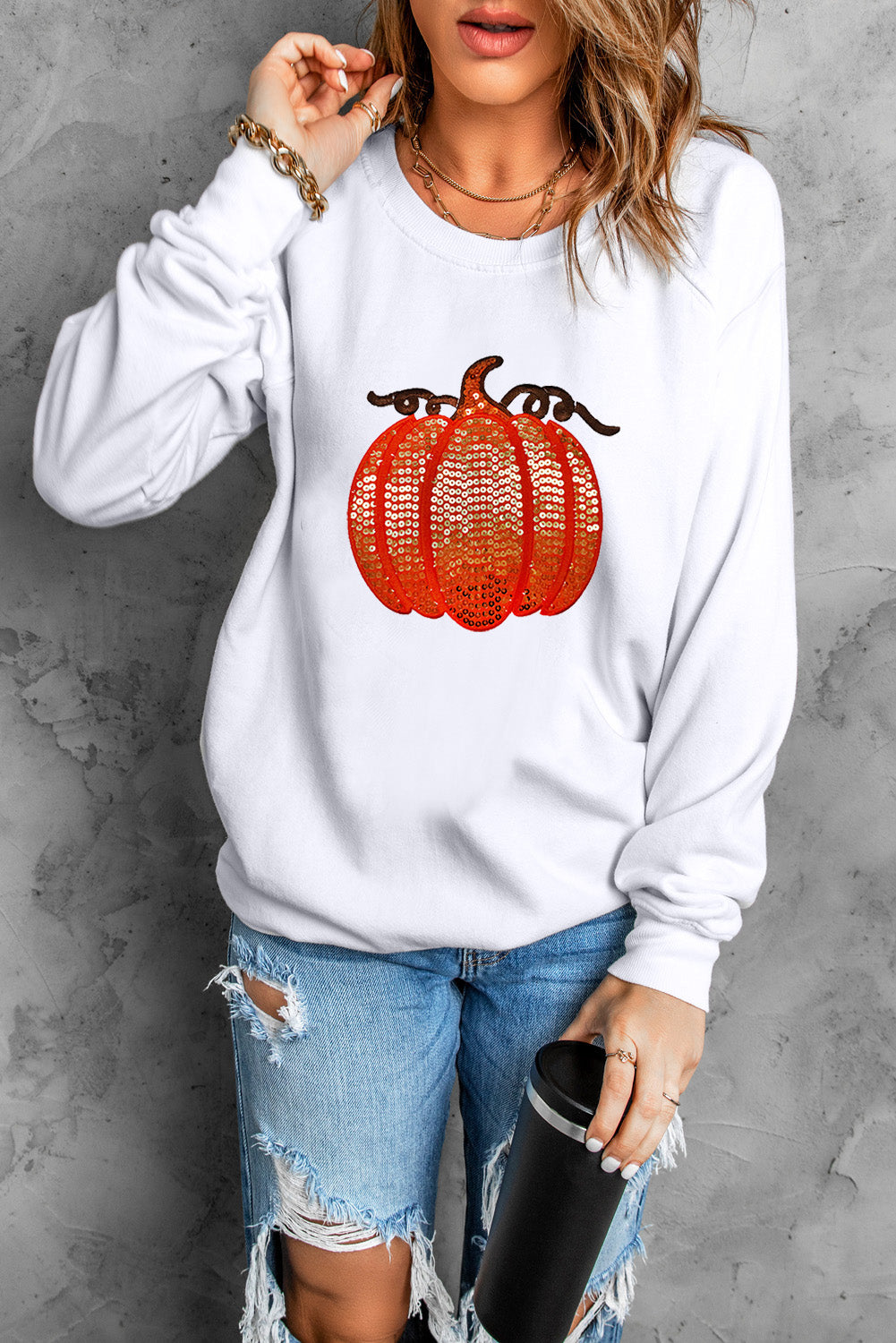 White Sequin Pumpkin Patched Casual Pullover Graphic Sweatshirt